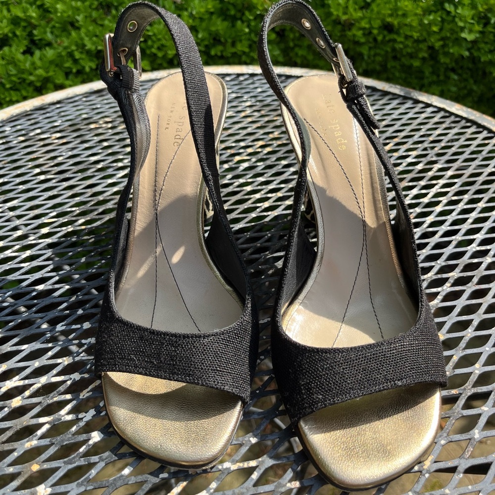 Kate Spade Slingback Sandals-Black canvas w/ leather trim and animal print heels